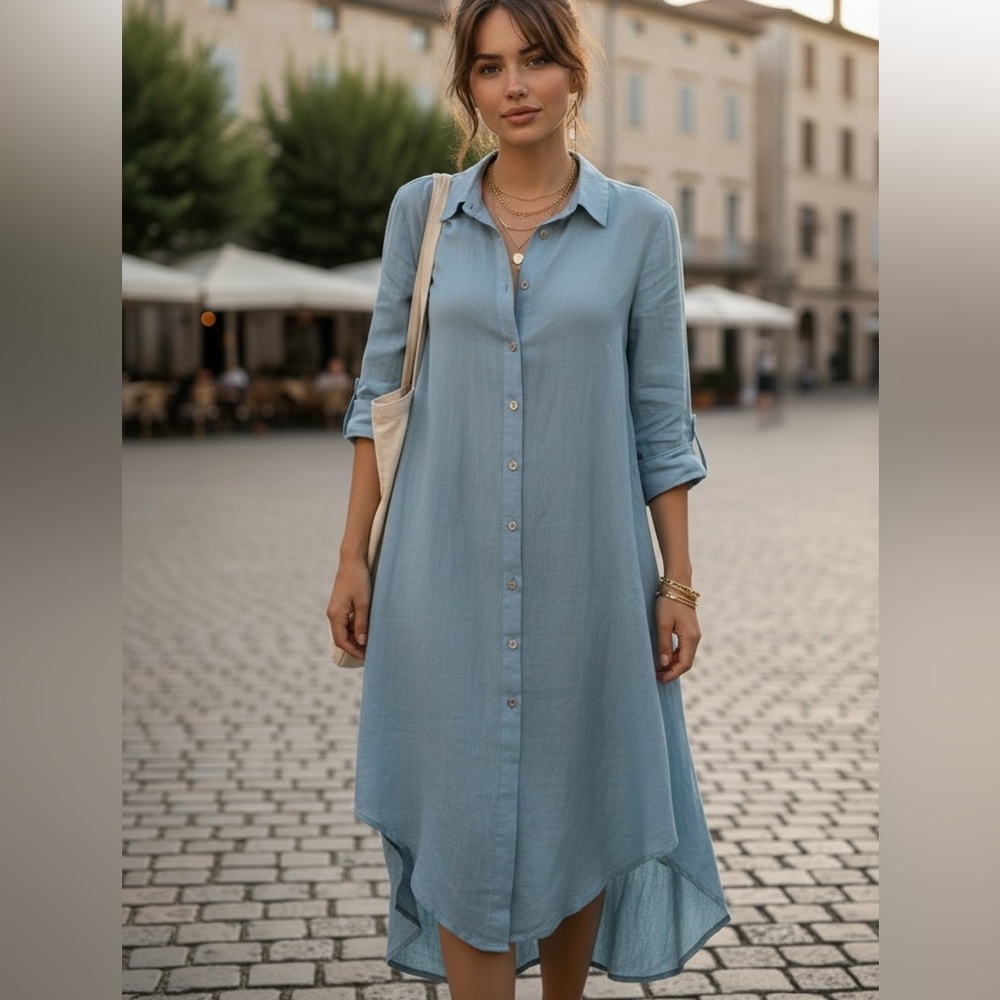 Italian Lino Denim Blue Linen Collared Button Down Maxi Dress Cover Duster